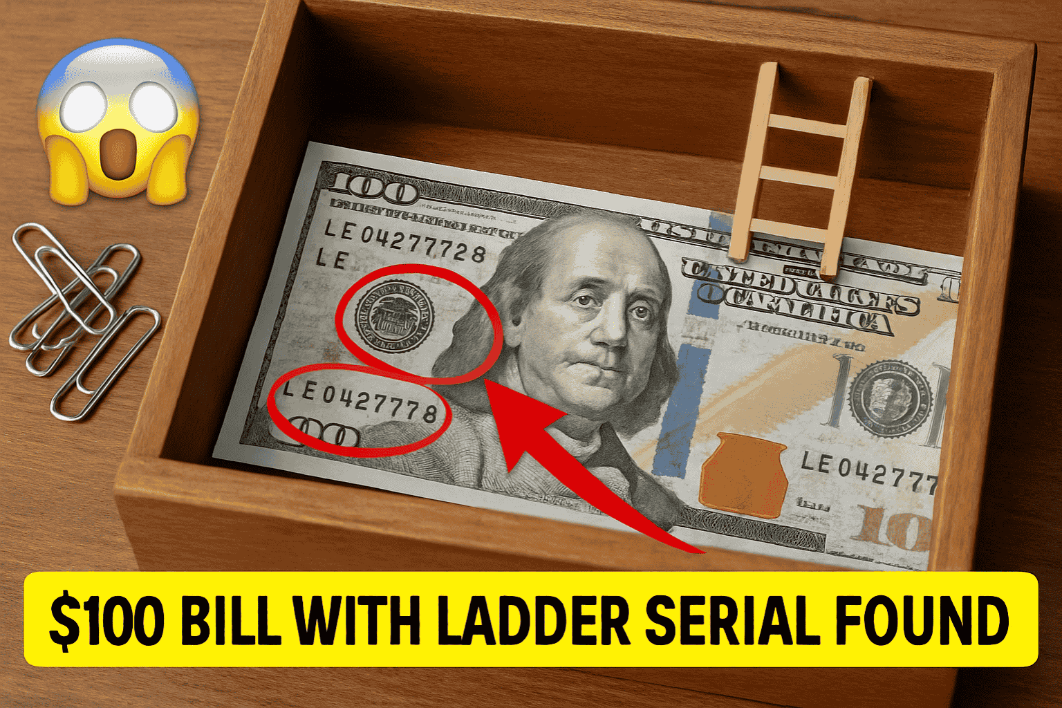 $100 Bill With Ladder Serial Found in Office Desk Drawer